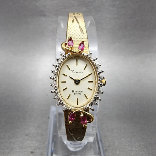 Armitron Deauville Diamond Watch Women 15mm Gold Dial Gold Tone Oval New Battery0