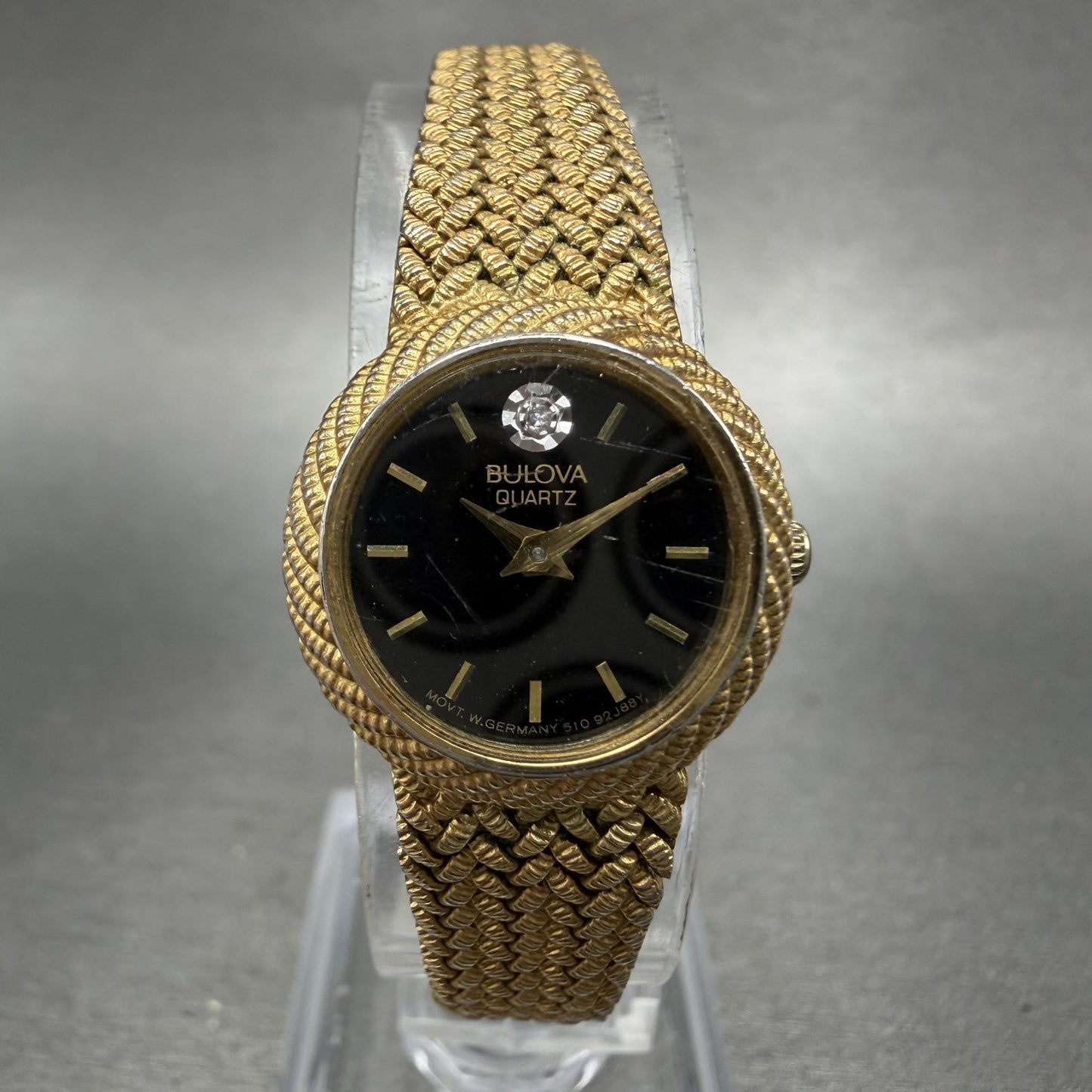 Bulova Watch Women 19mm Black Dial Gold Tone Round Mesh Band P7 New Battery VTG0