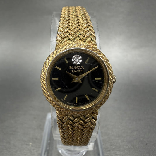 Bulova Watch Women 19mm Black Dial Gold Tone Round Mesh Band P7 New Battery VTG0