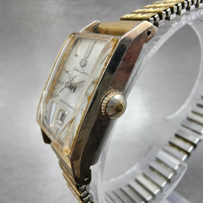 Seiko Chorus Tank Watch Women 17mm Silver Dial Gold Tone Date Manual 2107-3140