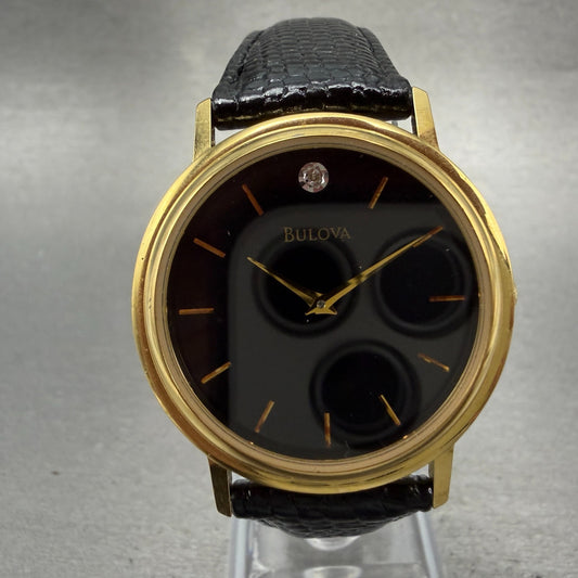 Bulova Watch Men 33mm Black Dial Gold Tone Round Diamond 97F02 New Battery0