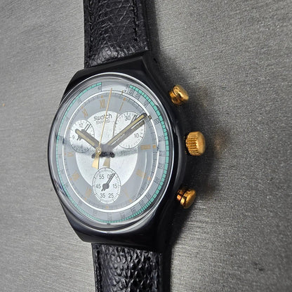 Swatch Chrono Colossal Watch Men 38mm Silver Dial Black Case SCB109 New Batt NOS2