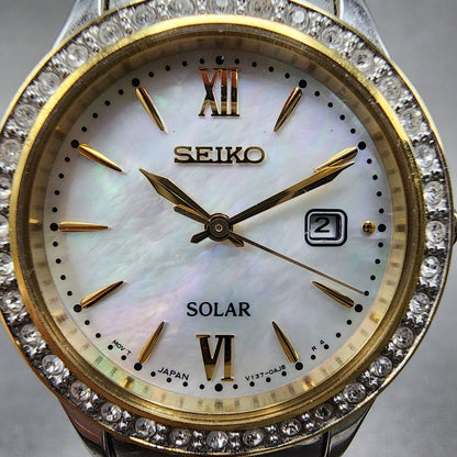 Seiko Solar Watch Women 28mm MOP Dial Two Tone Date Round V1370aa0 Runs1