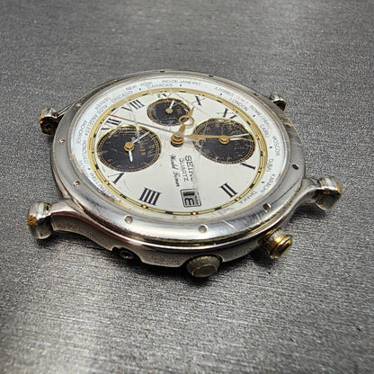 Seiko Age Of Discovery World Time Watch Men 39mm White Dial Steel 5t52-7a10 PART