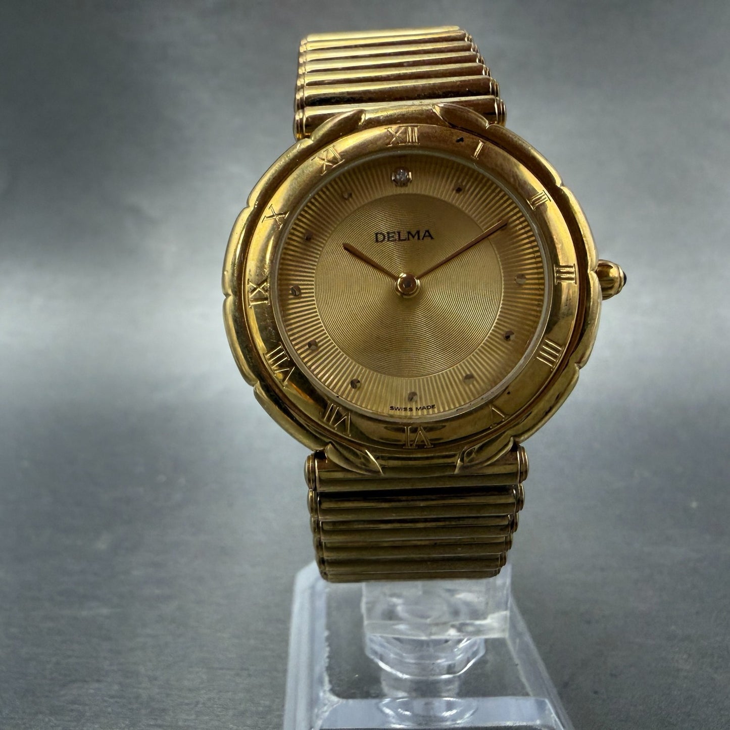 Delma Watch Men 34mm Gold Dial Gold Tone Round Bracelet Swiss New Battery5