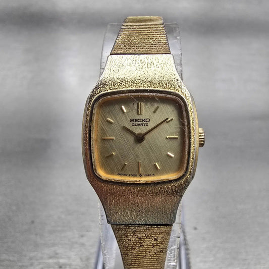 Seiko Watch Women 18mm Champagne Dial Gold Tone Rectangle 2320-5269 New Battery0