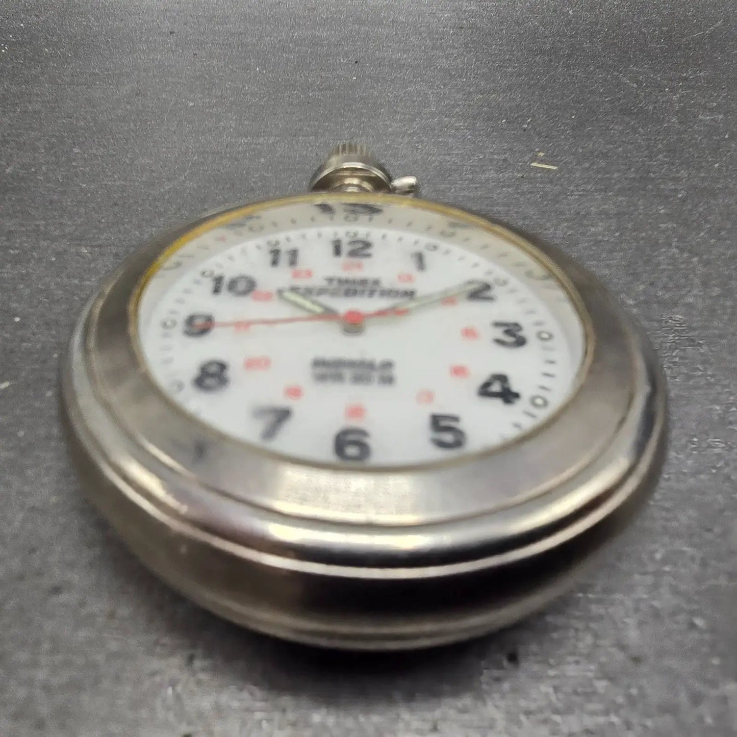 Timex Expedition Pocket Watch Men 47mm White Dial Silver Tone Indiglo New Batt2
