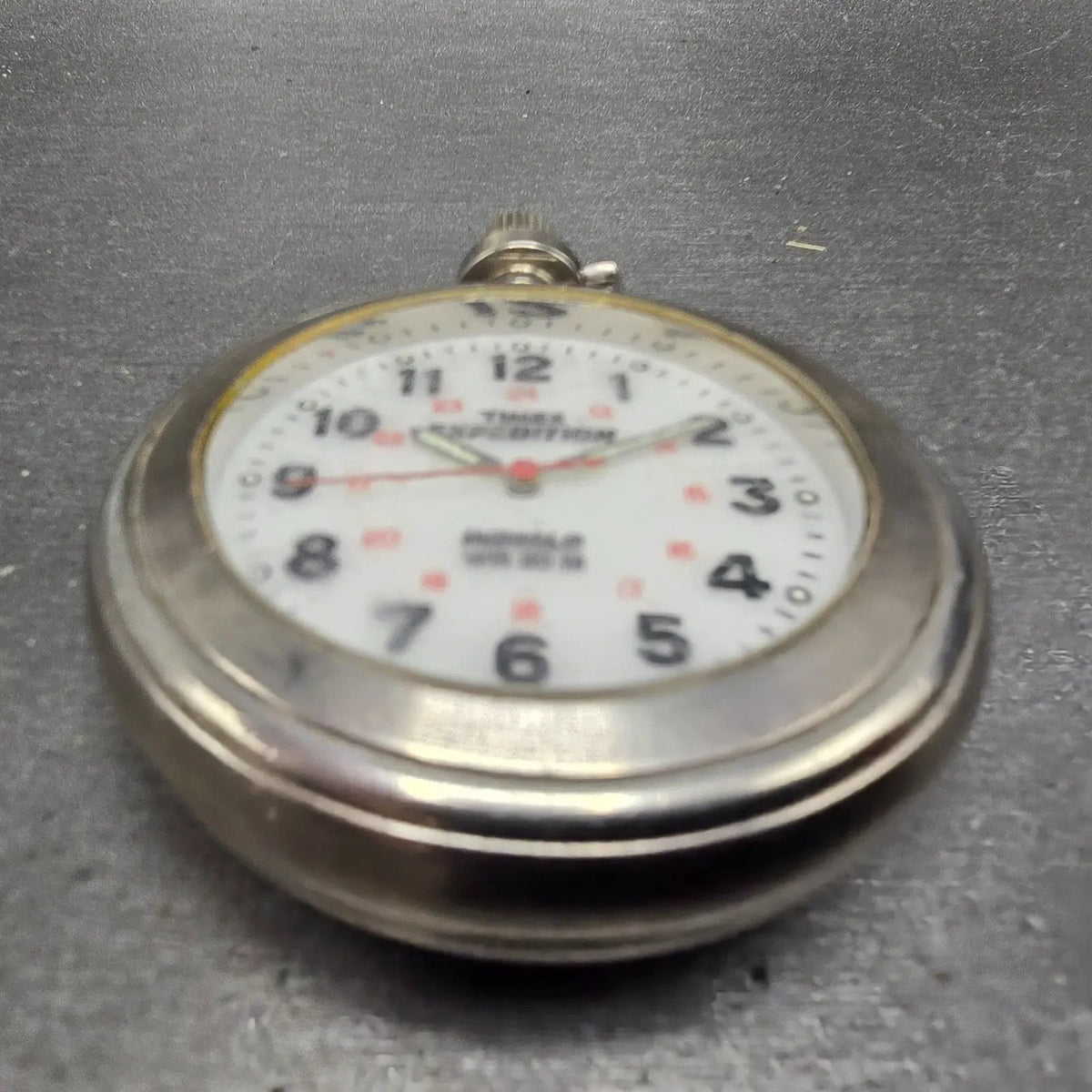 Timex Expedition Pocket Watch Men 47mm White Dial Silver Tone Indiglo New Batt2