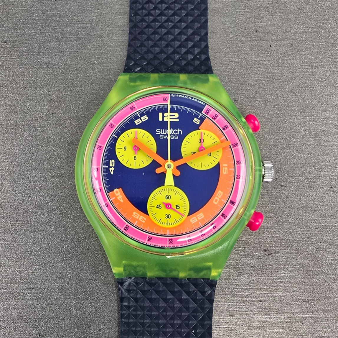 Swatch Chrono Grand Prix Watch Men 37mm Blue Dial Yellow Case SCJ101 New Battery0