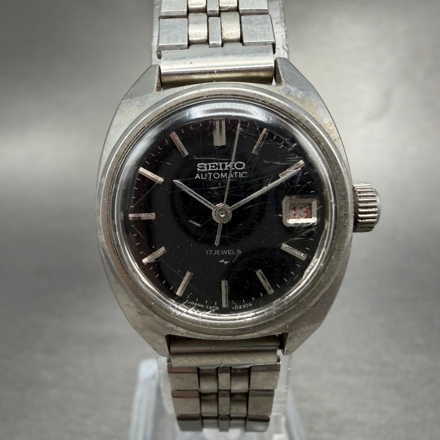Seiko Autoamtic Watch Women 23mm Black Dial Silver Automatic 2205-0050 Runs0