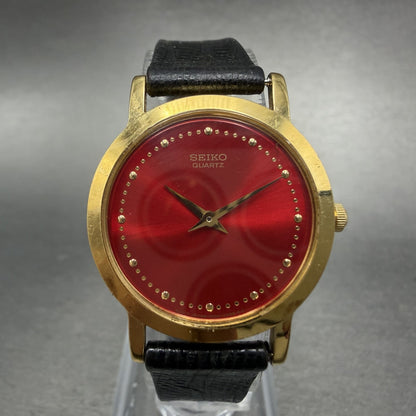 Seiko Watch Women 26mm Red Dial Gold Tone Round 1N00-0A29 New Battery Leather0