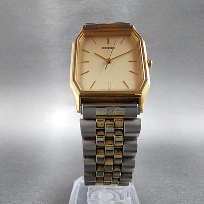 Seiko Tank Watch Men 25mm Champagne Dial Twotone Rectangle 5e315a00 New Battery5