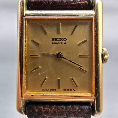 Seiko Watch Women 17mm Gold Dial Gold Tone Rectangle 2C20-5019 New Battery VTG1