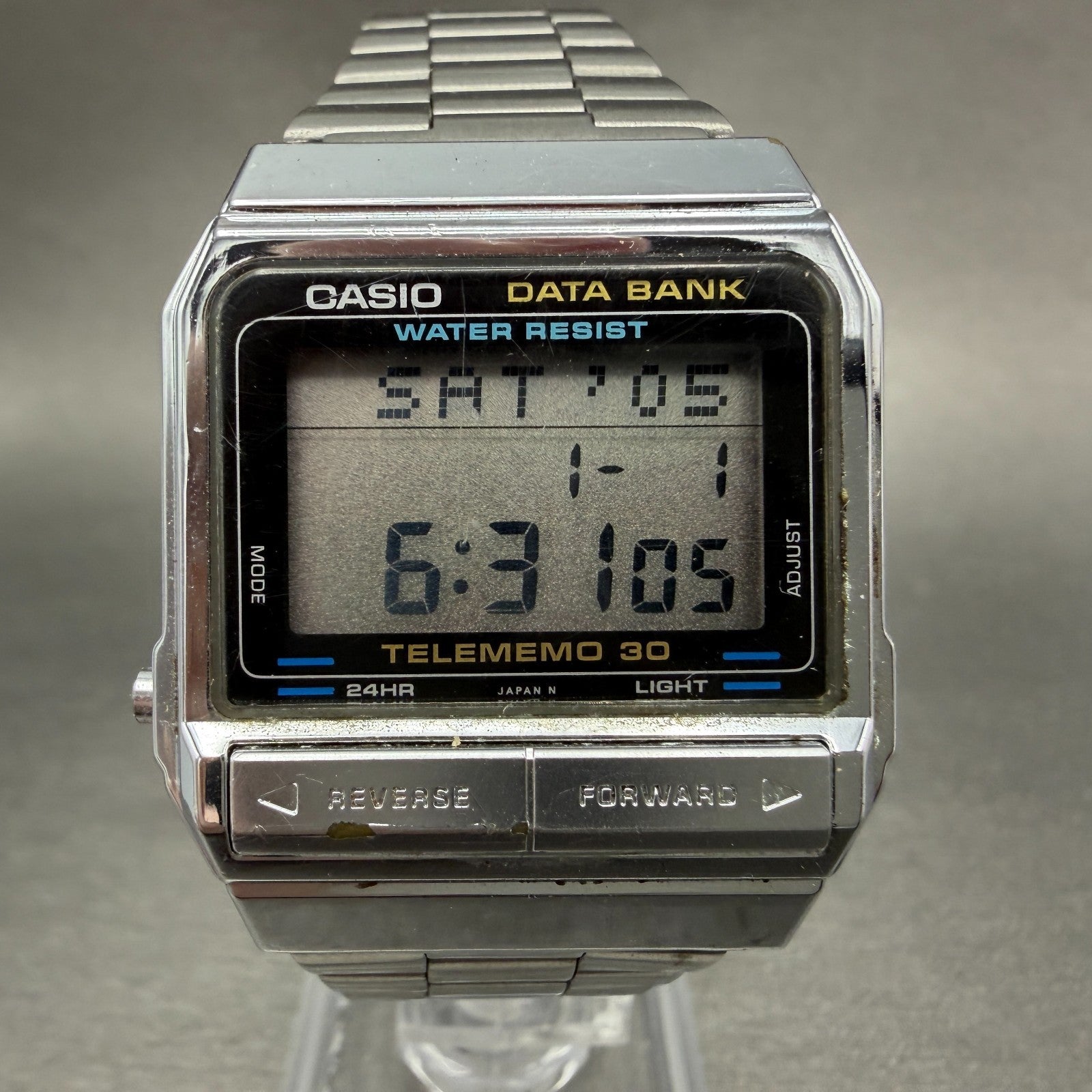 Casio Data Bank DB-300 Watch Men 32mm Digital Silver Tone Alarm Chrono New Batt0