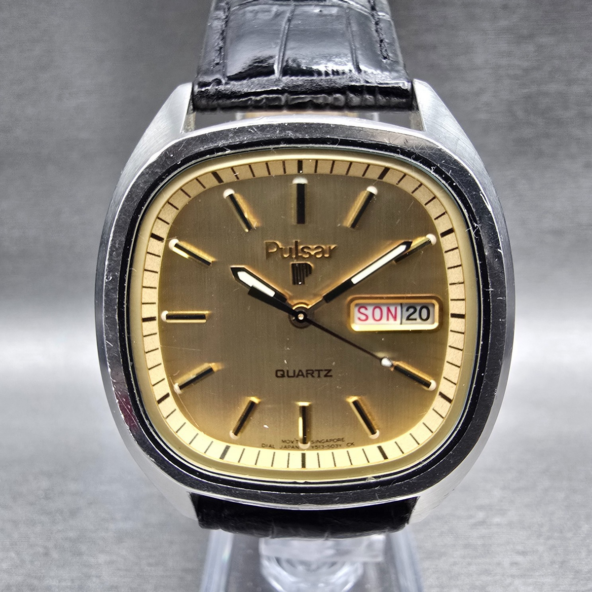 Seiko Pulsar Watch Men 36mm Gold Dial Silver Daydate Y513-503H New Battery0