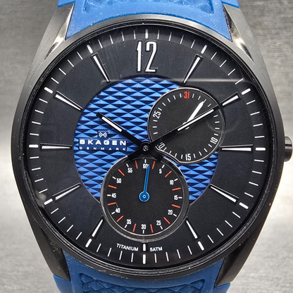 Skagen Watch Men 42mm Black Blue Dial Titanium Date Round 435XXLTNRN New Battery1