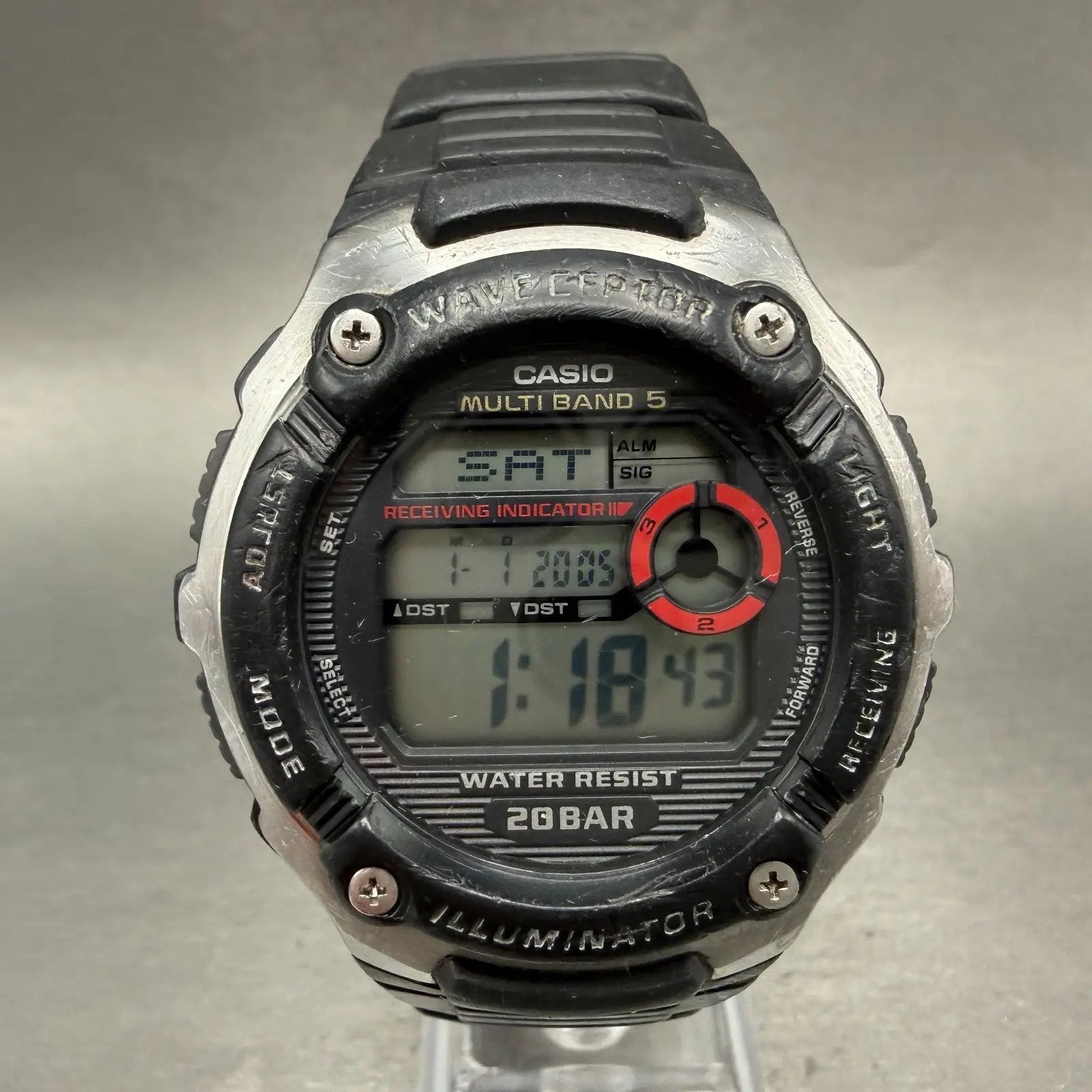 Casio Waveceptor Watch Men 48mm Digital Black Silver Alarm Chrono WV-M200 READ!!0