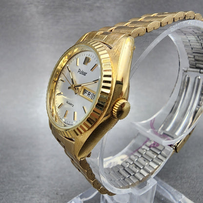 Pulsar President Watch Women 24mm Gold Dial Gold Tone Daydate Round New Batt NOS4