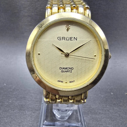 Gruen Watch Men 36mm Gold Dial Gold Tone Round New Battery Vintage0