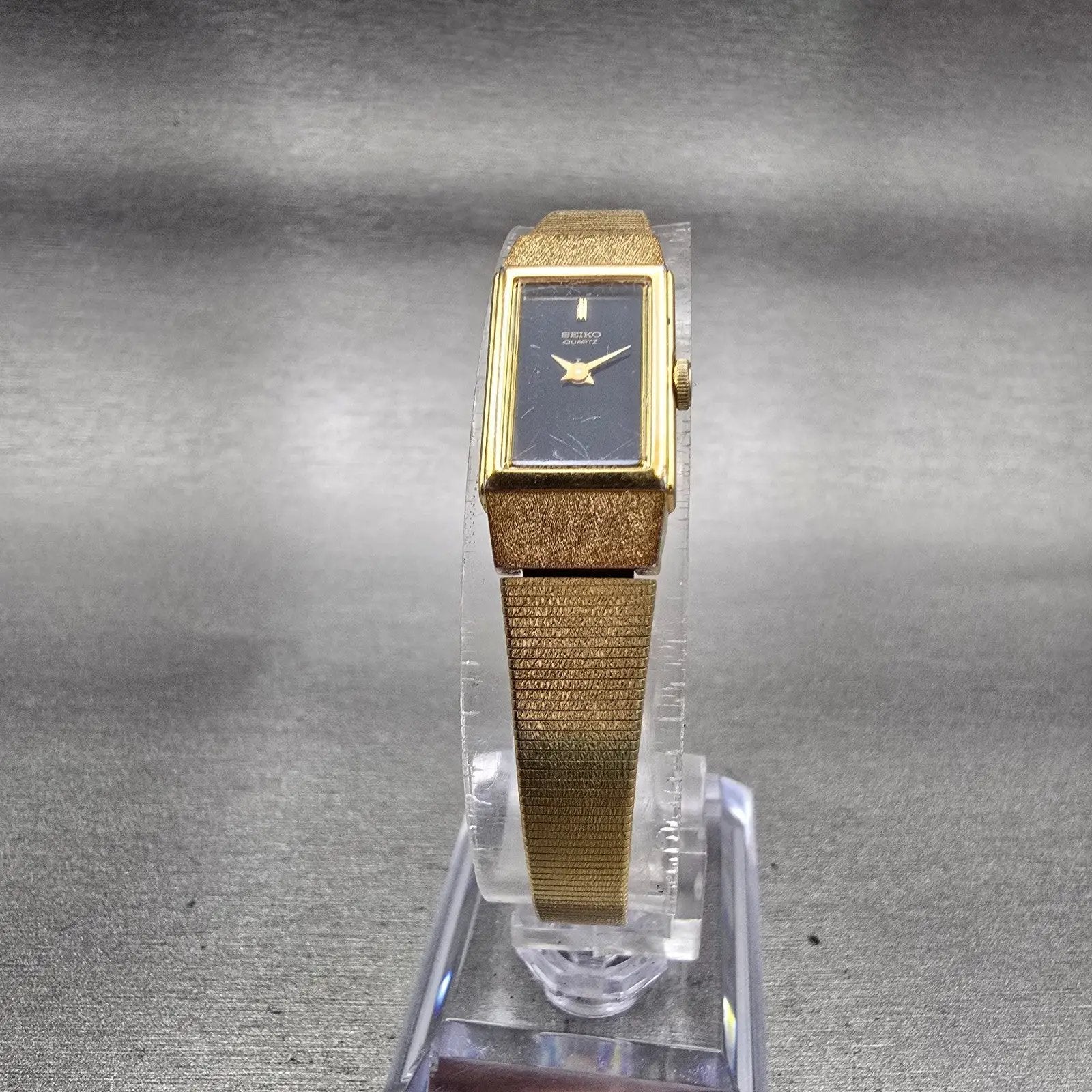 Seiko Watch Women 12mm Black Dial Gold Tone Rectangle 2E20-5490 New Battery VTG5