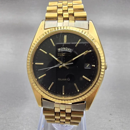 Seiko President Watch Men 37mm Black Dial Gold Tone Daydate 7N43-8119 New Batt0