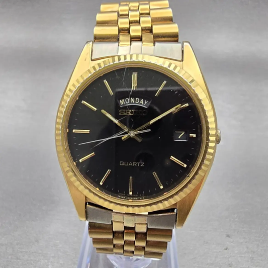 Seiko President Watch Men 37mm Black Dial Gold Tone Daydate 7N43-8119 New Batt0