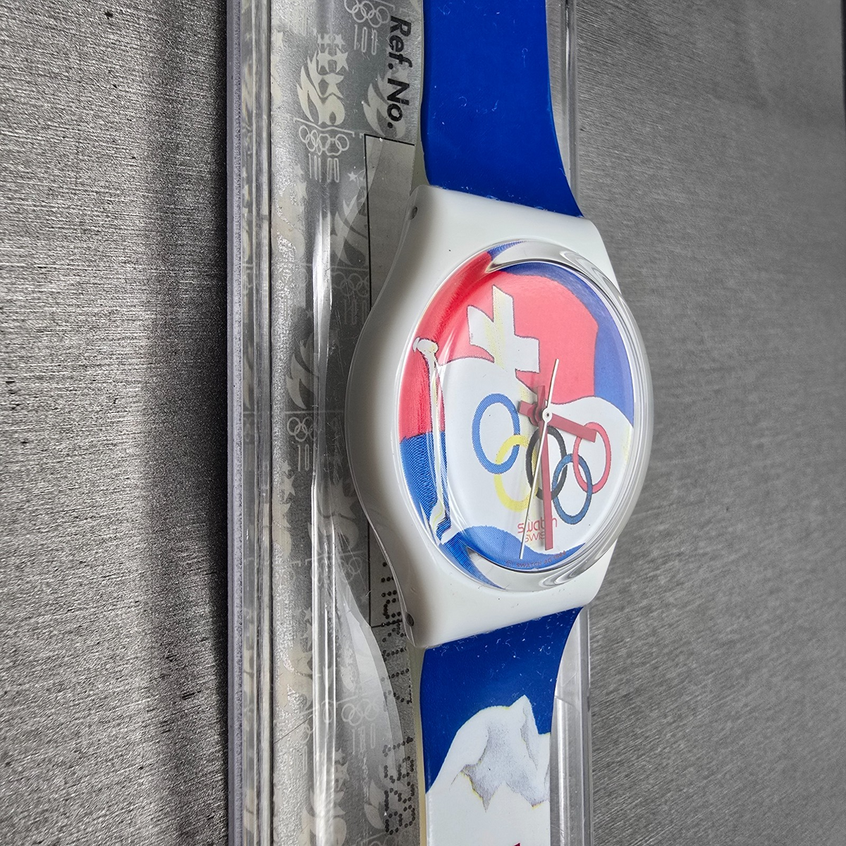Swatch St. Moritz 1928 Watch Men 34mm Blue Dial White Case GZ134 New Battery NOS3