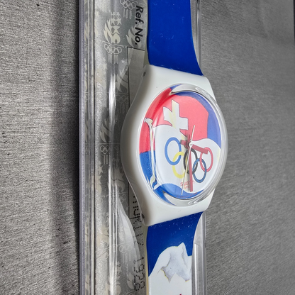 Swatch St. Moritz 1928 Watch Men 34mm Blue Dial White Case GZ134 New Battery NOS3