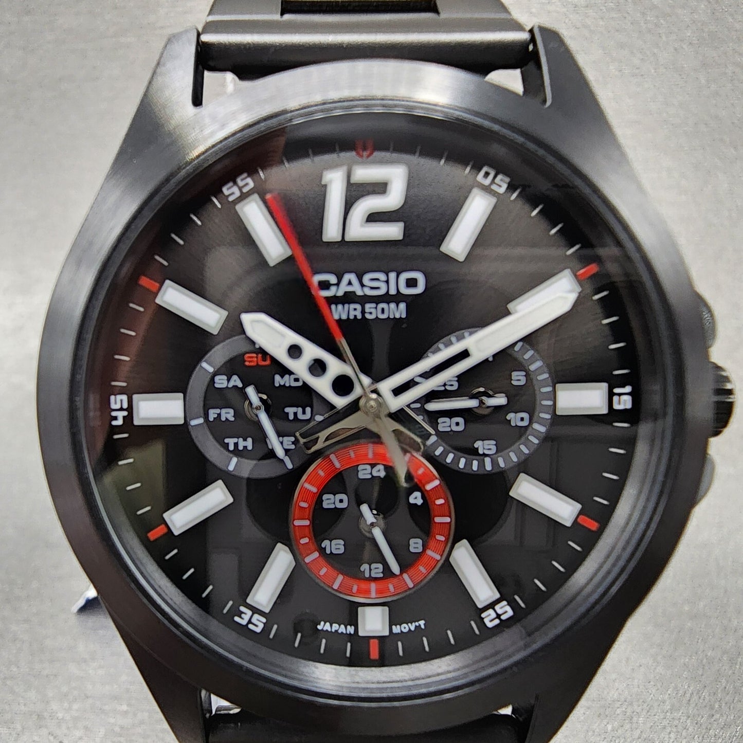 Casio MTP-E350 Watch Men 39mm Black Dial Black Steel Daydate Metal Bracelet