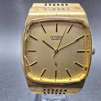 Citizen CQ Watch Men 32mm Gold Dial Gold Tone Rectangle 4-711572 Tank VTG PARTS0