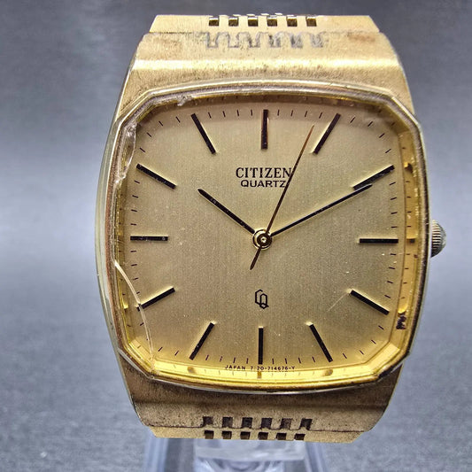 Citizen CQ Watch Men 32mm Gold Dial Gold Tone Rectangle 4-711572 Tank VTG PARTS0