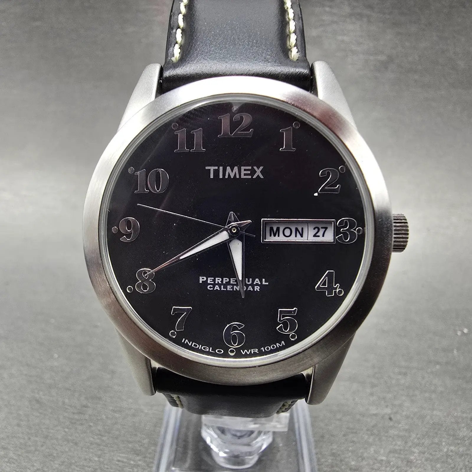Timex Perpetual Calendar Watch Men 37mm Black Dial Silver Tone Daydate New Batt3