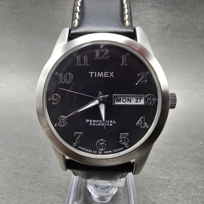 Timex Perpetual Calendar Watch Men 37mm Black Dial Silver Tone Daydate New Batt3