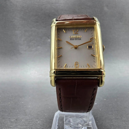 Citizen Eco-Drive Tank Watch Men 25mm Silver Dial Gold Tone Rectangle Date Runs5