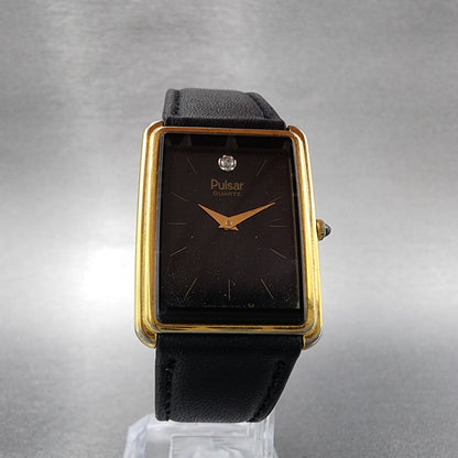 Pulsar Tank Watch Men 24mm Black Dial Gold Tone Rectangle V320-5059 New Batt