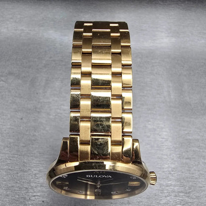 Bulova Watch Men 40mm Black Dial Gold Tone Date Gemmed 97D108 New Battery4