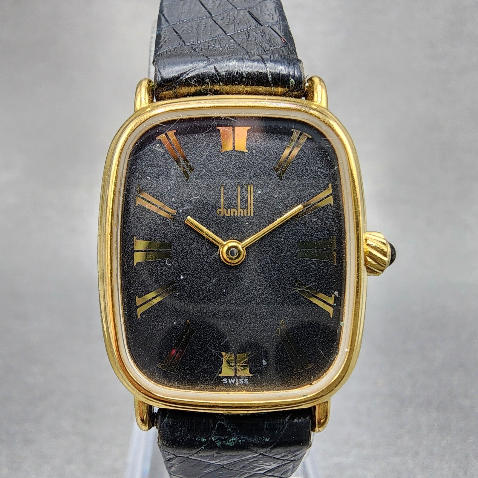 Dunhill Tank Watch Women Black Dial Gold Tone 9 17063 Rectangle Swiss made PARTS0