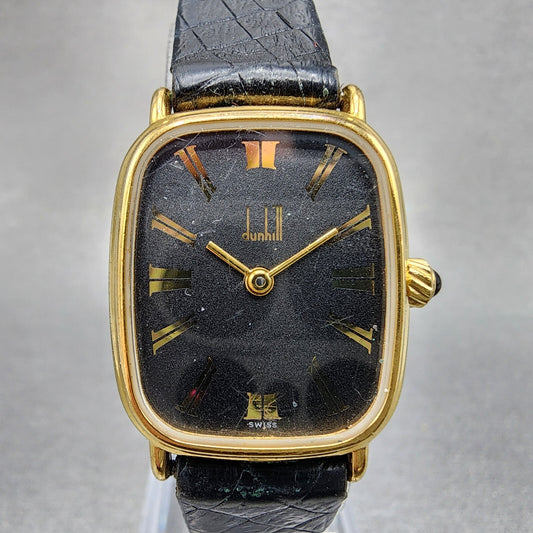Dunhill Tank Watch Women Black Dial Gold Tone 9 17063 Rectangle Swiss made PARTS0