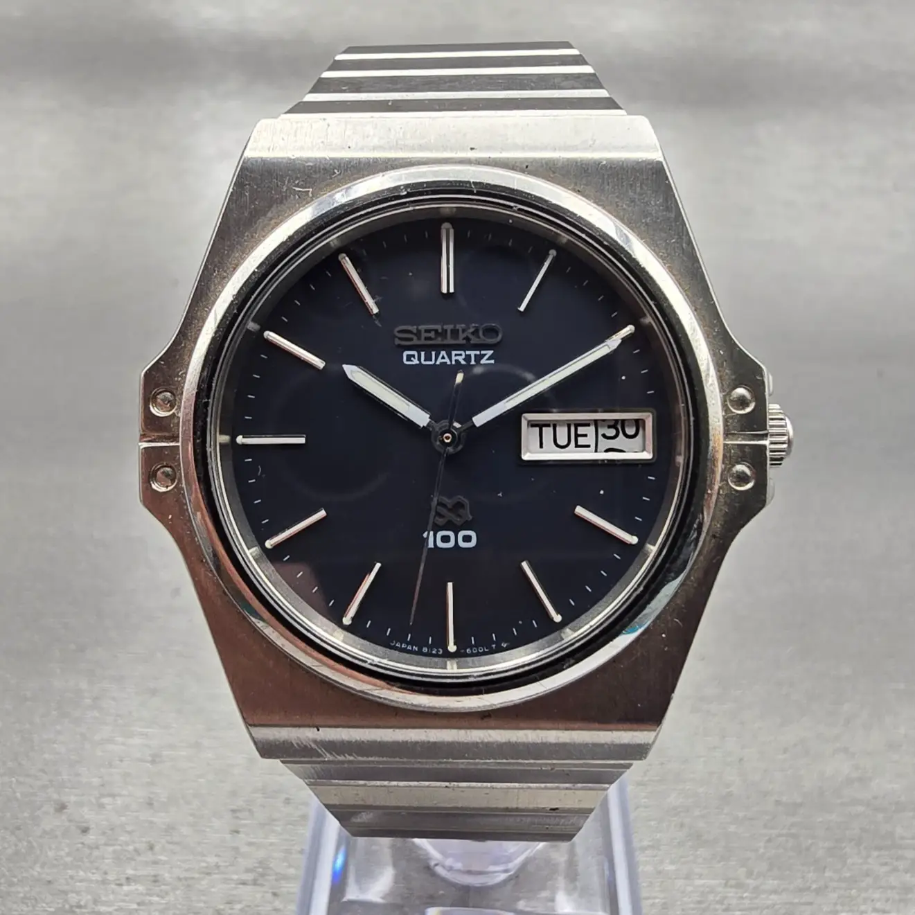 Seiko SQ Watch Men 37mm Black Dial Silver Tone Daydate 8123-6009 New Battery VTG0