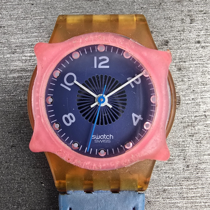 Swatch Polka Watch Women 25mm Blue Dial Brown Case Round LP109 New Battery1