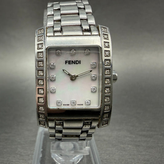 Fendi 7000L Tank Watch Women 21mm MOP Dial Steel Diamonds Rectangle New Battery0