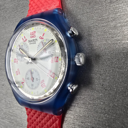 Swatch Chrono JFK Watch Men 37mm White Dial Blue Case SCN103 New Battery NOS2