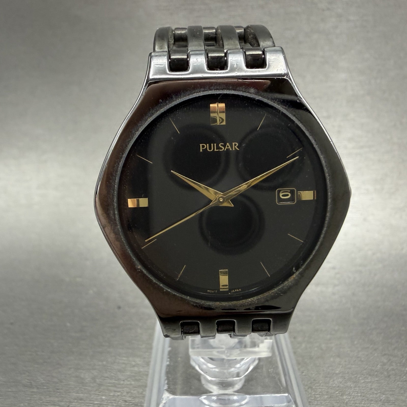 Seiko Pulsar Watch Men 35mm Black Dial Black Tone Date V732-X091 New Battery0