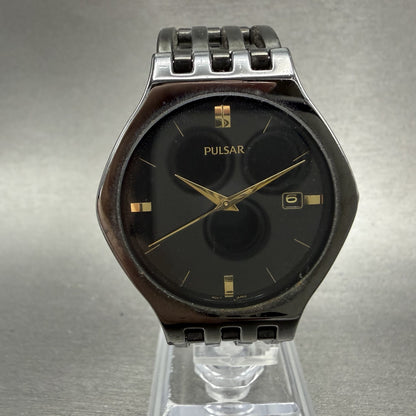 Seiko Pulsar Watch Men 35mm Black Dial Black Tone Date V732-X091 New Battery0