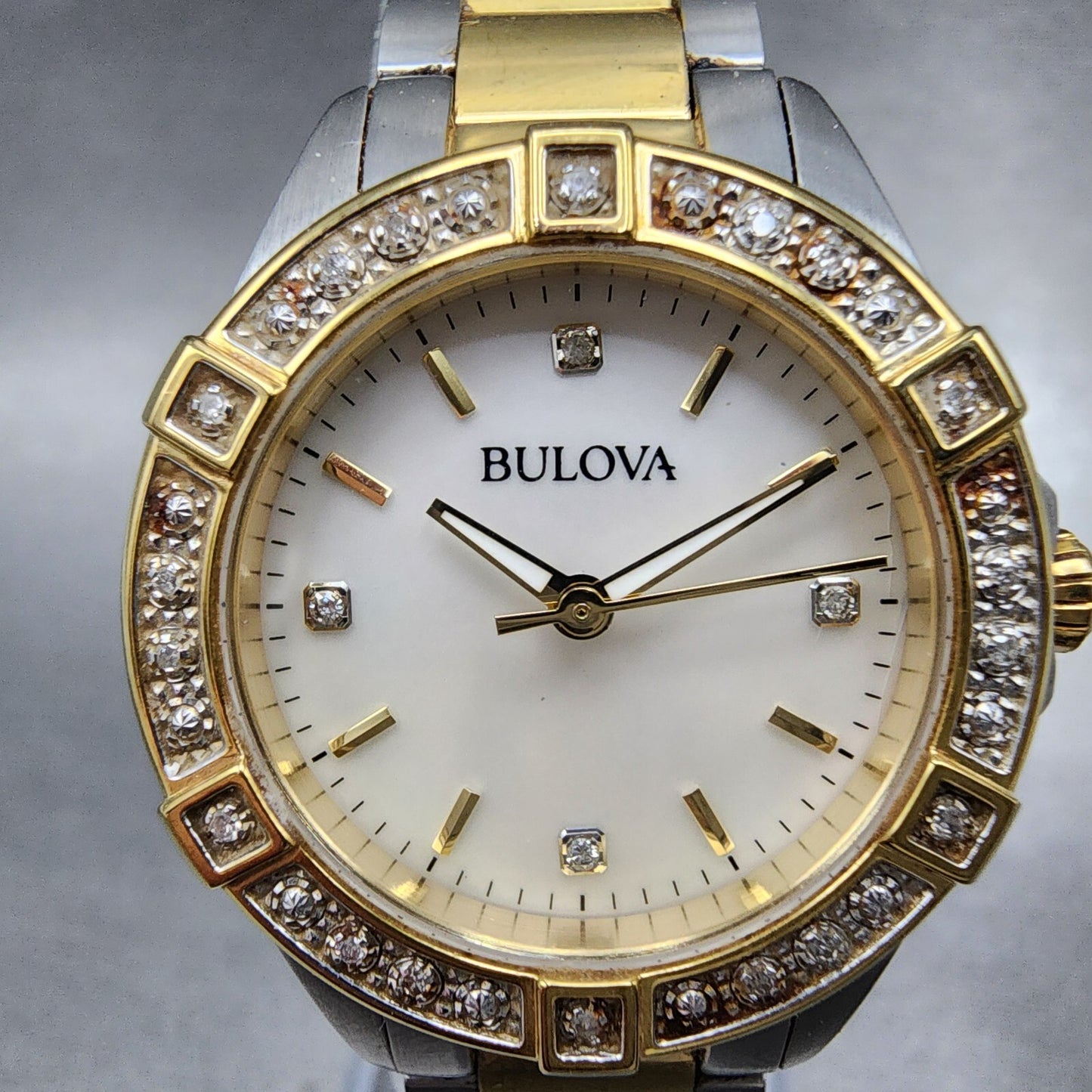Bulova Crystal Watch Women 28mm MOP Dial Two Tone Round 98R236 New Battery1