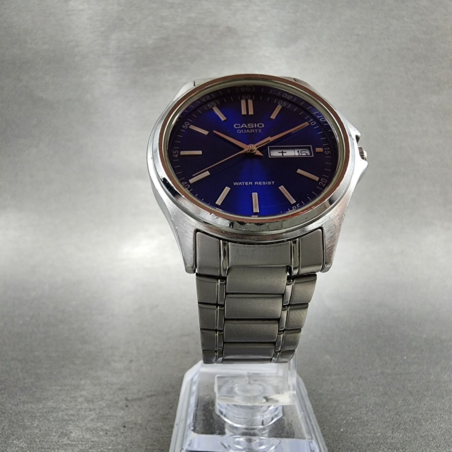 Casio Watch Men 37mm Blue Dial Silver Tone Daydate MTP1239DJ New Battery5