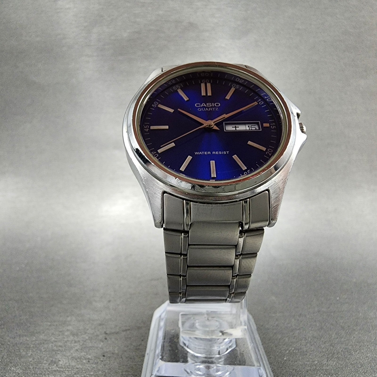 Casio Watch Men 37mm Blue Dial Silver Tone Daydate MTP1239DJ New Battery5
