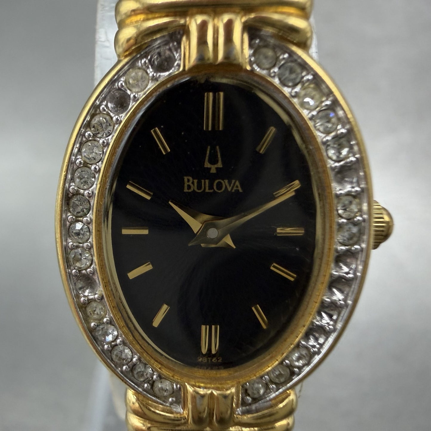 Bulova Crystal Watch Women 18mm Black Dial Gold Tone Crystal Bezel New Battery1