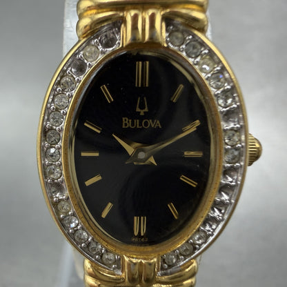 Bulova Crystal Watch Women 18mm Black Dial Gold Tone Crystal Bezel New Battery1