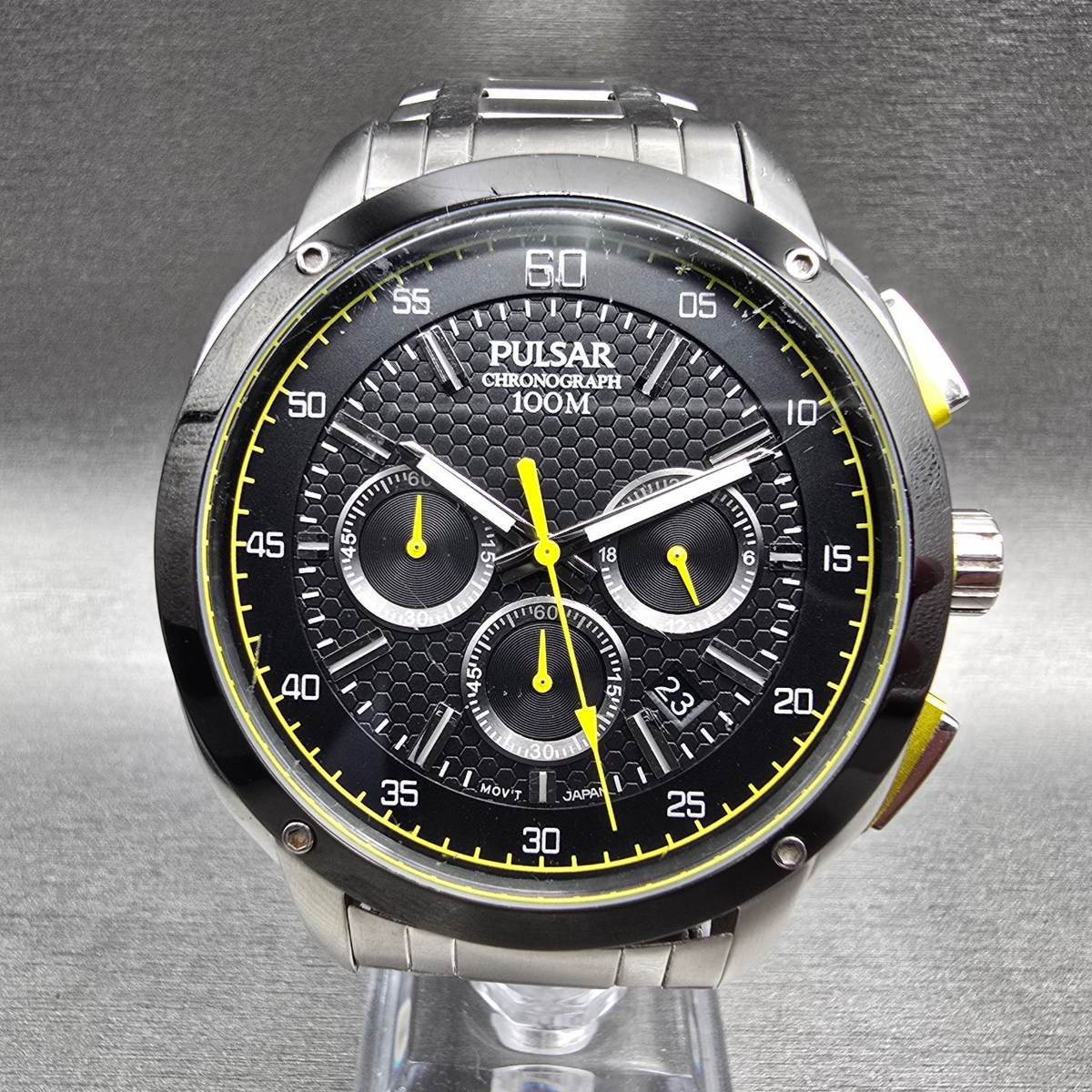 Pulsar Chronograph Watch Men 47mm Black Dial Two Tone Date VD53-X112 New Battery0